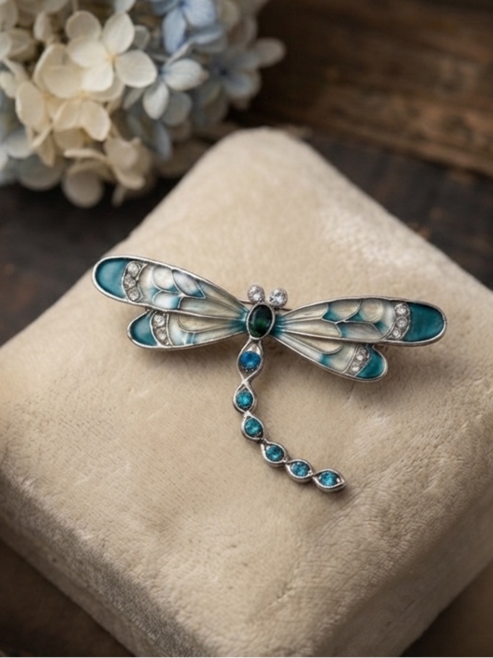 Vintage Enamel & Rhinestone Dragonfly Brooch - Teal & Silver Tone